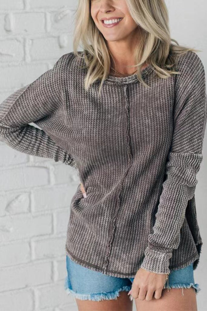 Women's Washed Waffle Cotton Long-sleeved T-shirt For Blouses