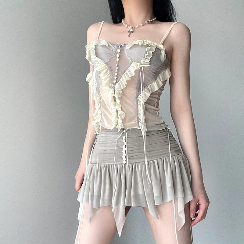 Ballet Style Mesh Split Three-dimensional Gradient Tops