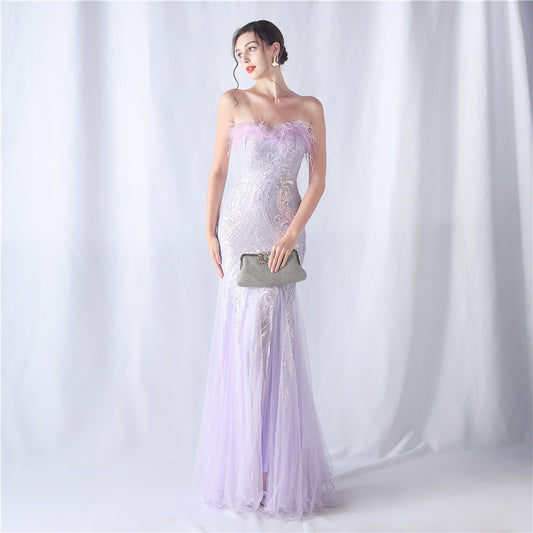 Positioning Flower Cutting Tube Sequin Gauze Evening Dresses