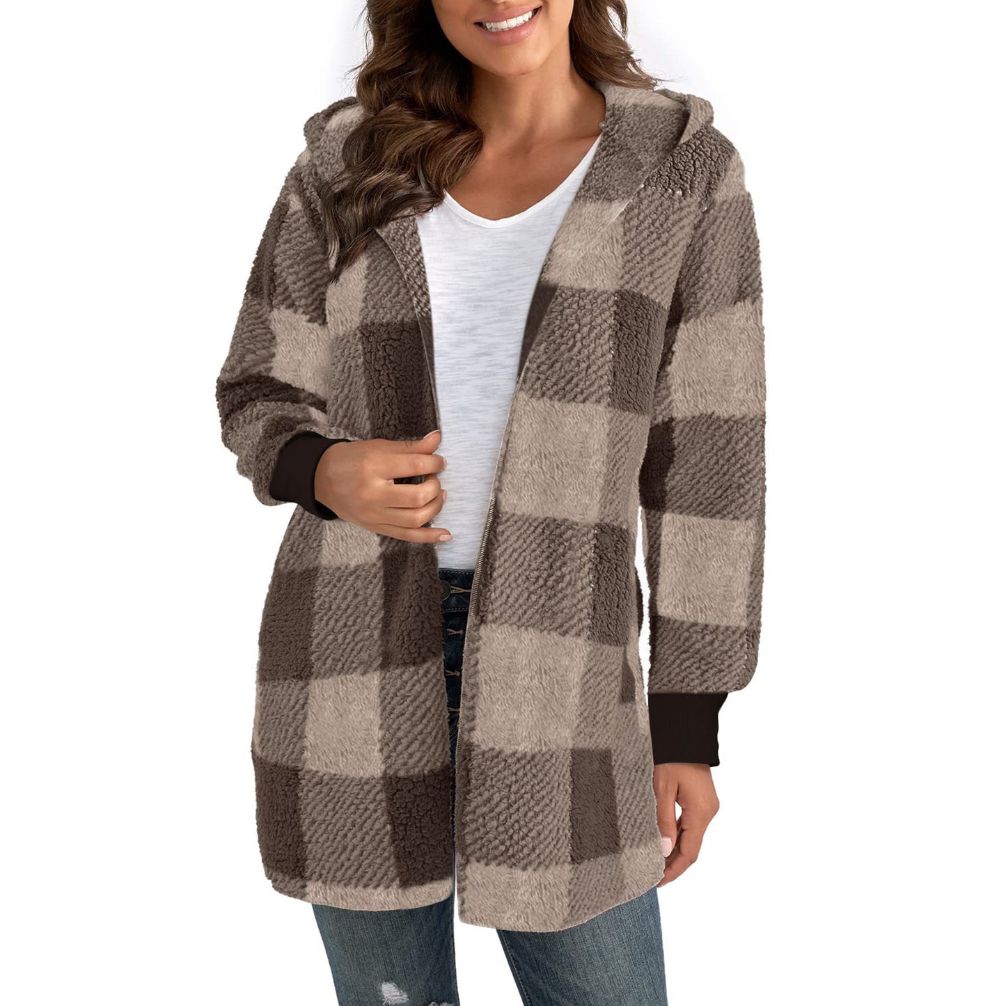 Women's Popular Loose Plaid Fur Fashion Coats