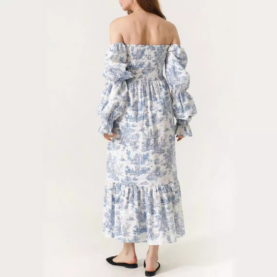 Robe en mousseline de soie à manches pour femmes, robes imprimées à col carré de printemps