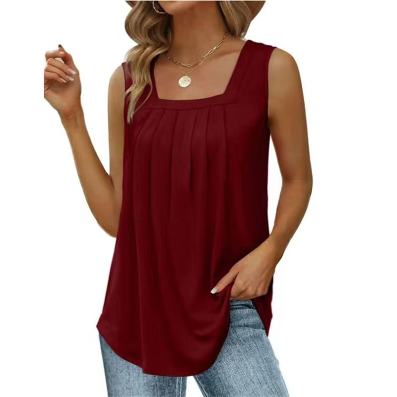 Women's Pleated Square Collar Sleeveless Dovetail T-shirt Tops