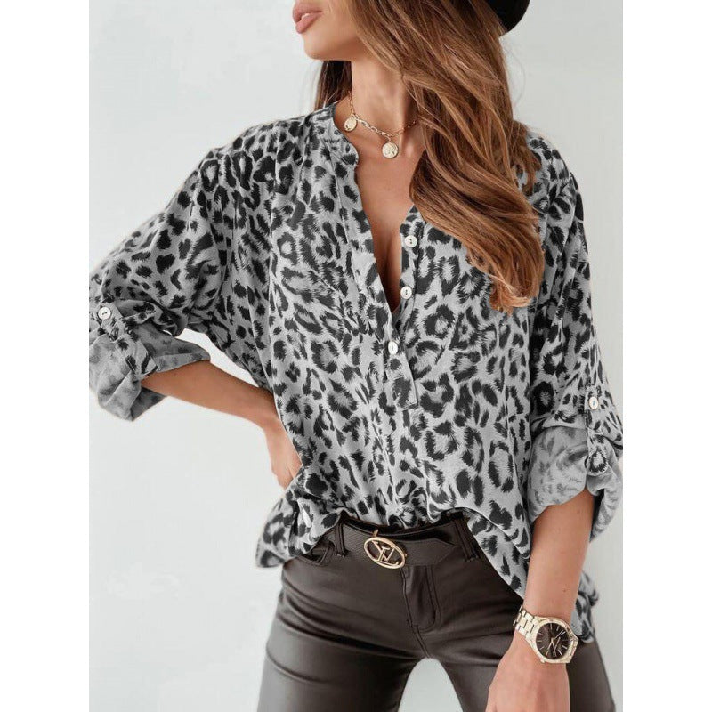 Women's Print Shirt Long Sleeve Leopard Single-breasted Blouses