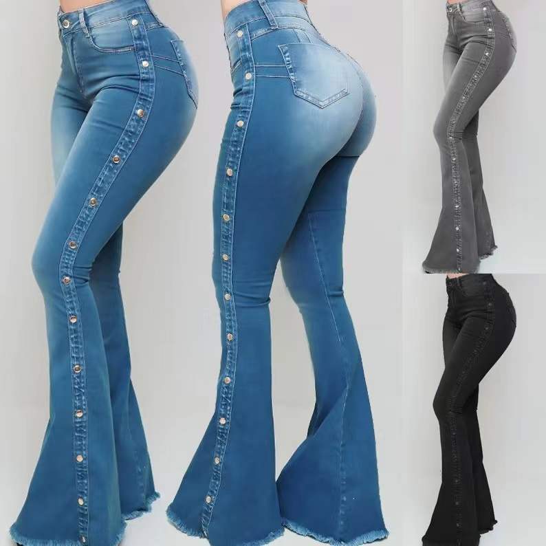 Women's High Waist Stretch Mop Flared Trousers Jeans