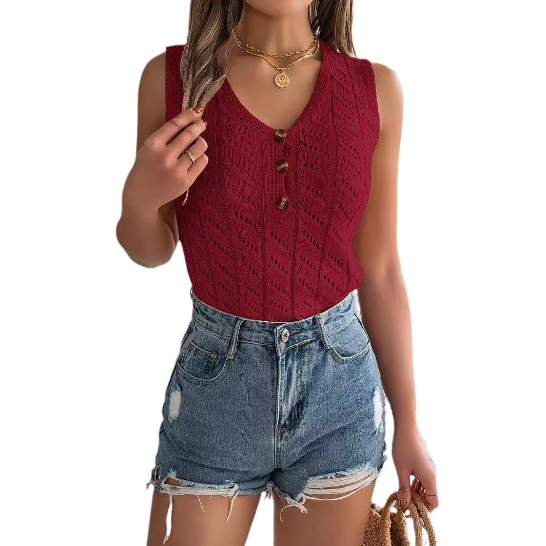 Women's Summer Solid Color Buttons Hollow Sleeveless Clothing