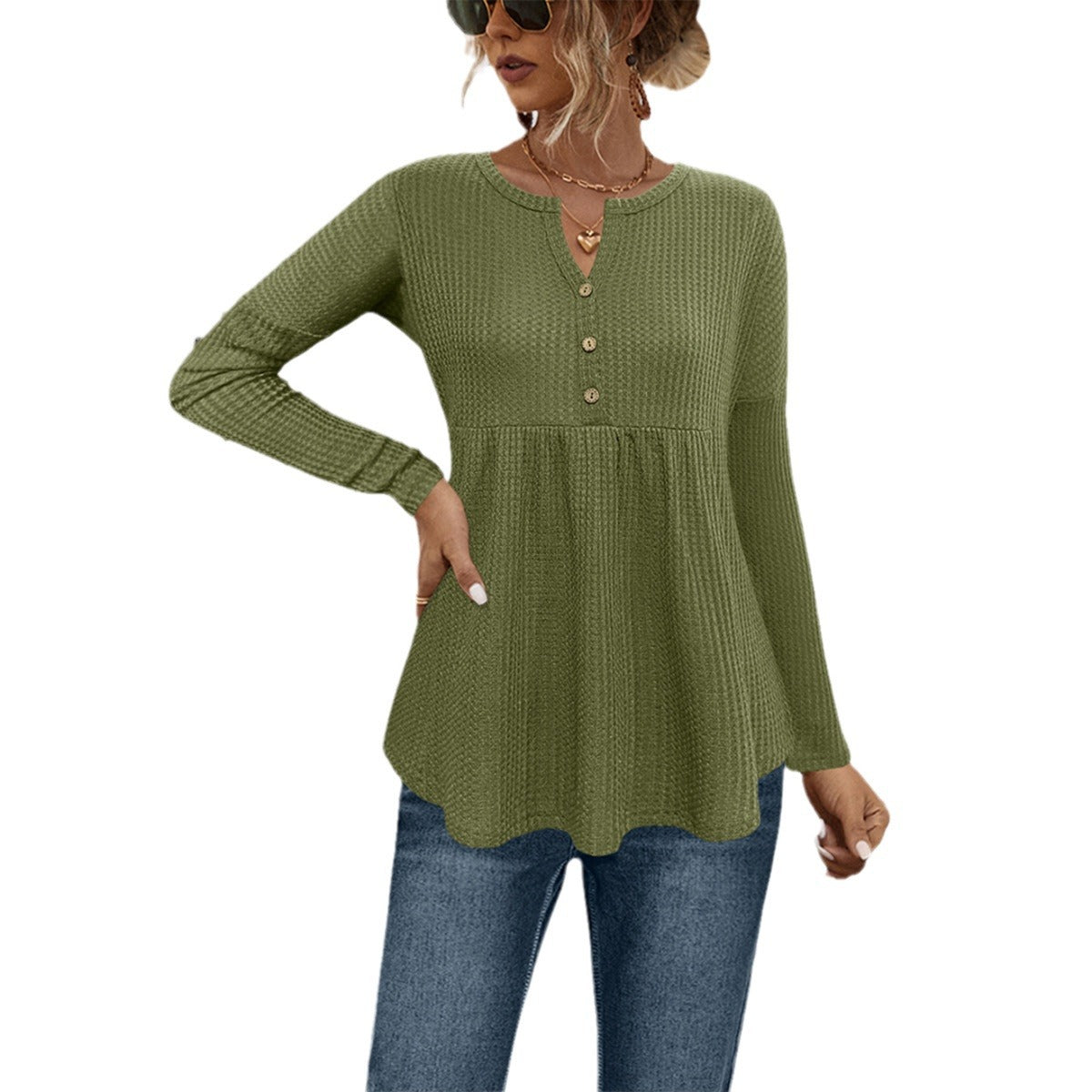 Elegant Classy Placket Open Button Knitted Tops