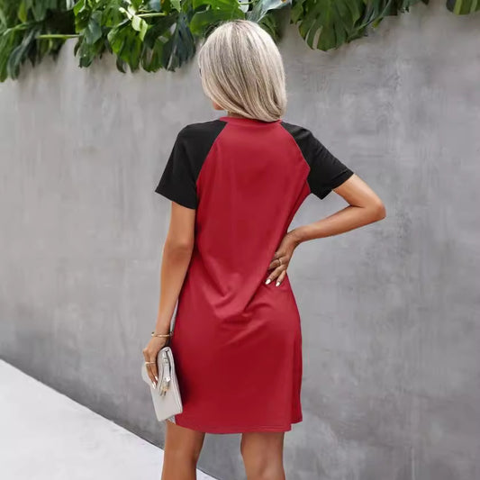 Women's Contrast Stitching Irregular Sleeve Dress Summer Skirts