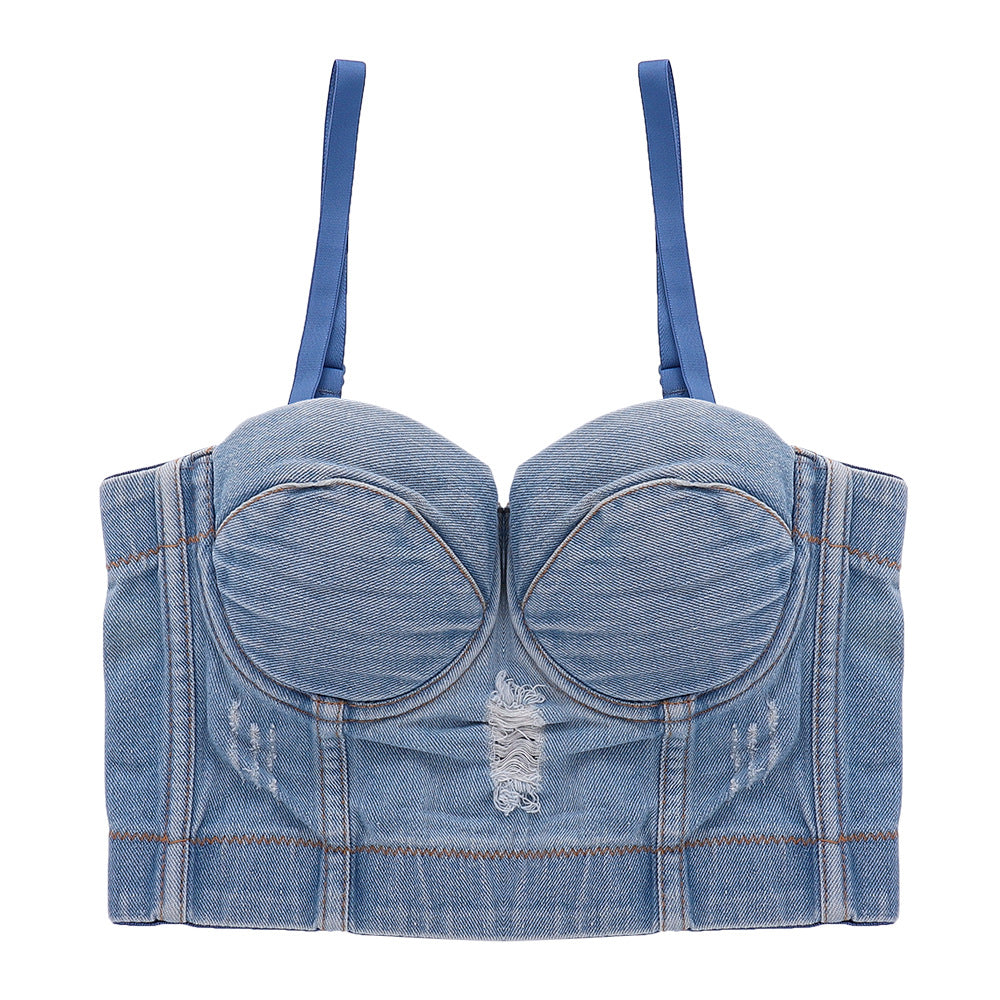 Denim Camisole Outer Wear Sexy Navel Fishbone Tops