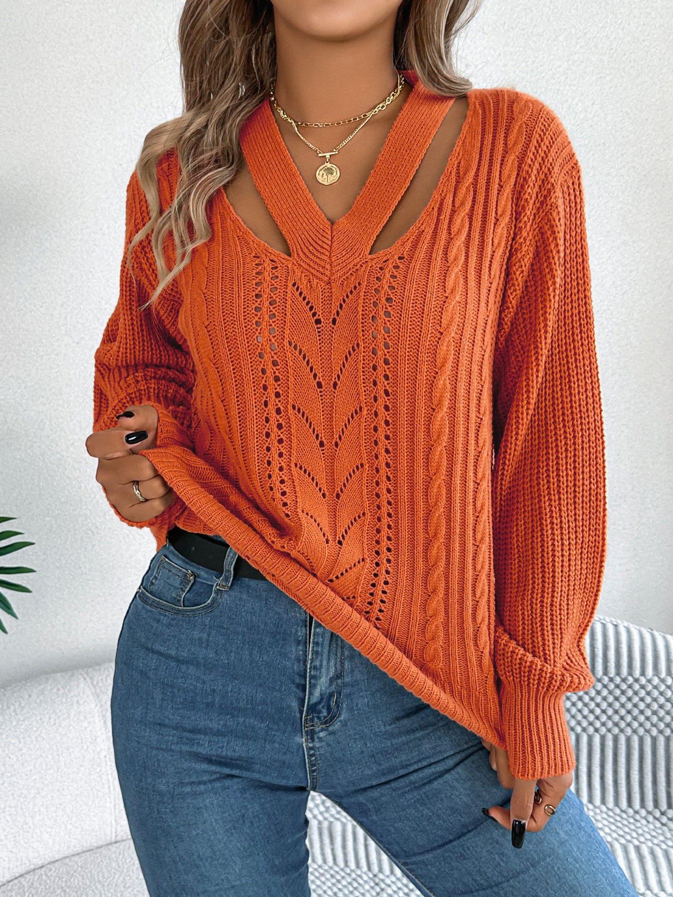 Women's Casual Hollow Out Twist Lantern Sleeve Sweaters