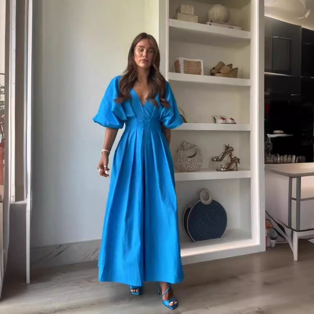 Robe plissée bleue Robes de style élégant et ample