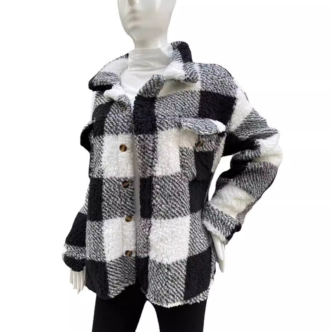 Women's Long Sleeve Double Pocket Plaid Furry Coats