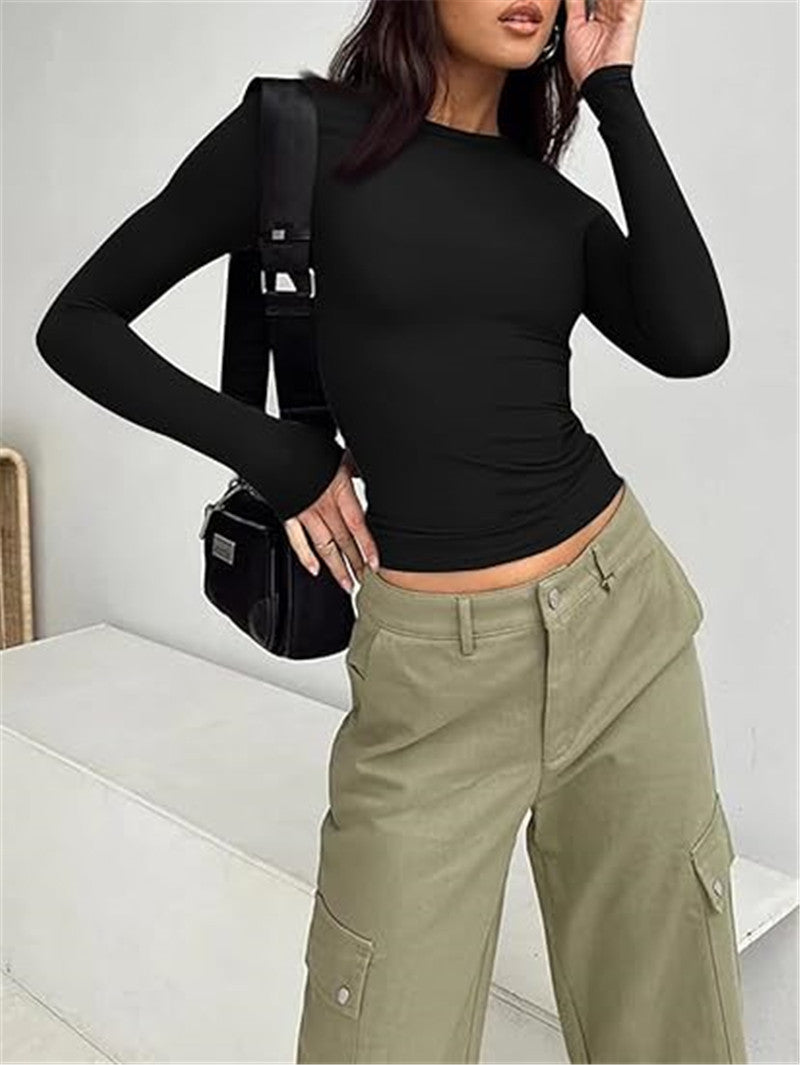 Base Pure Color Long Sleeve Pullover Blouses