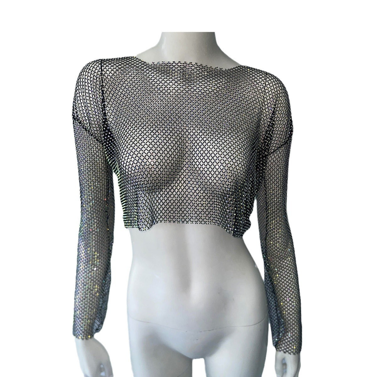 Women's American Cool High-grade Rhinestone Mesh Long-sleeved Blouses