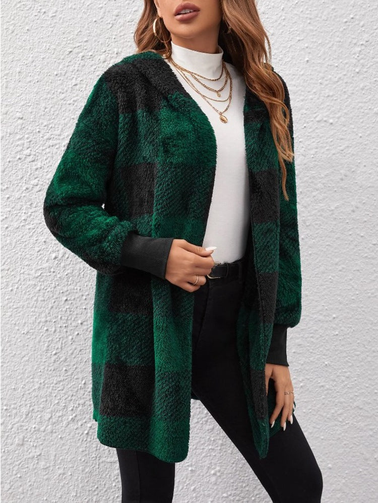 Women's Popular Loose Plaid Fur Fashion Coats