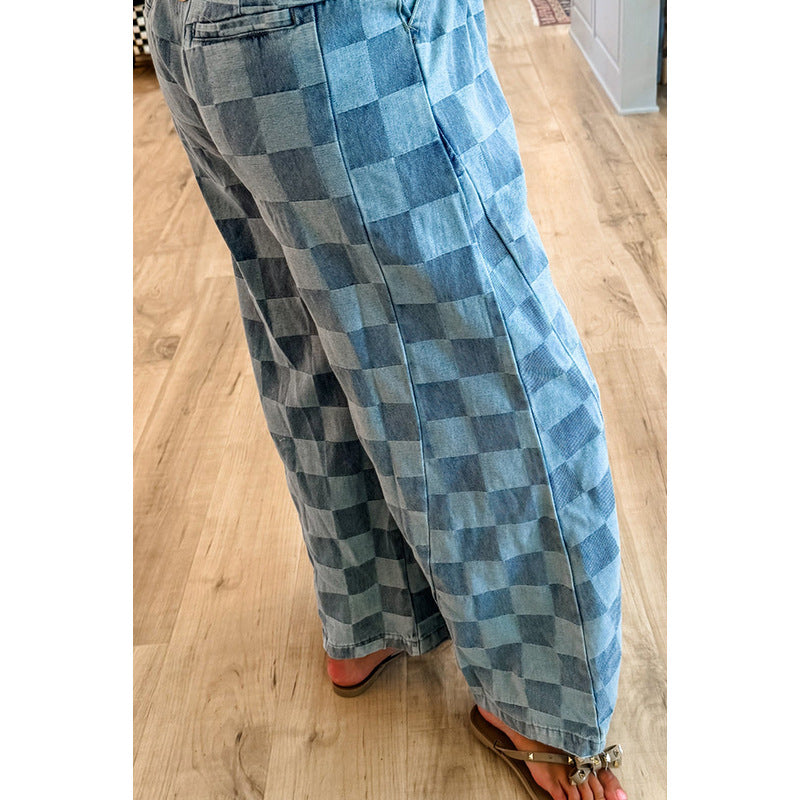 Women's Chessboard Plaid Printed Autumn High Waist Loose Jeans