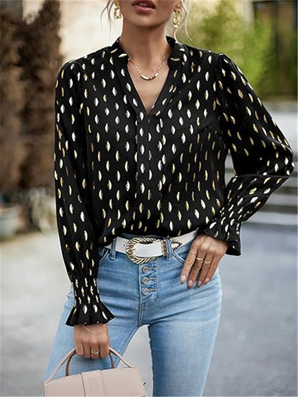 Cool Bubble Long Sleeve Waist Bronzing Blouses