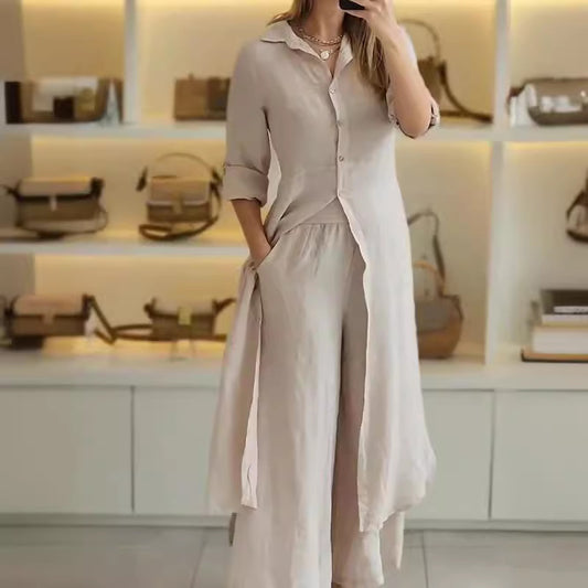 Elegant Cotton Linen Tight Waist Long Shirt Pants