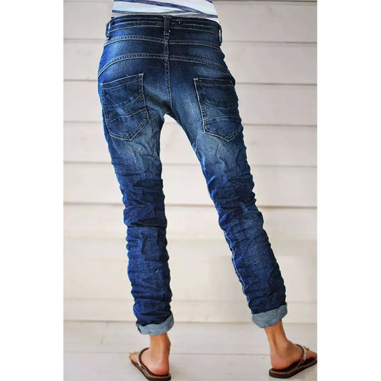 Women's Ripped Denim Drawstring Elastic Waist Washed Jeans