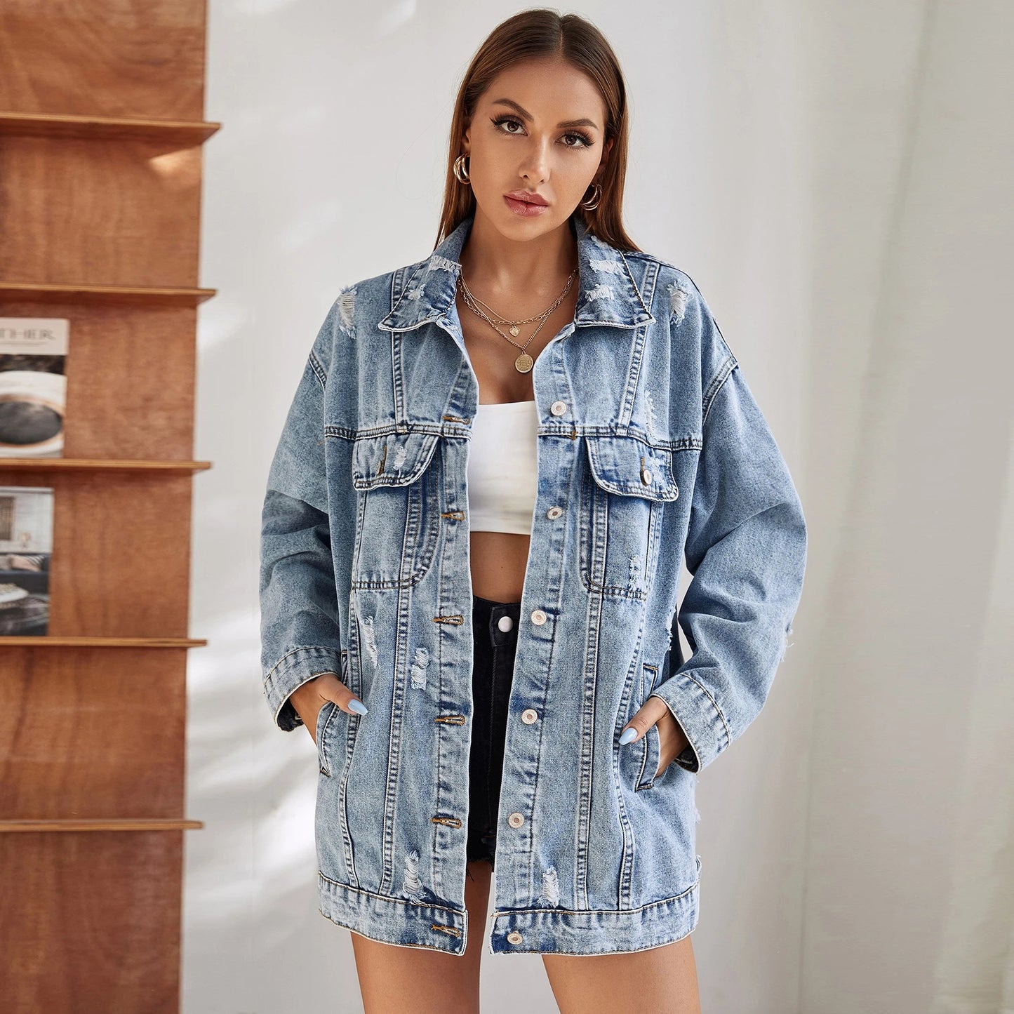 Women's Denim Ripped Distressed Loose Mid-length Coats