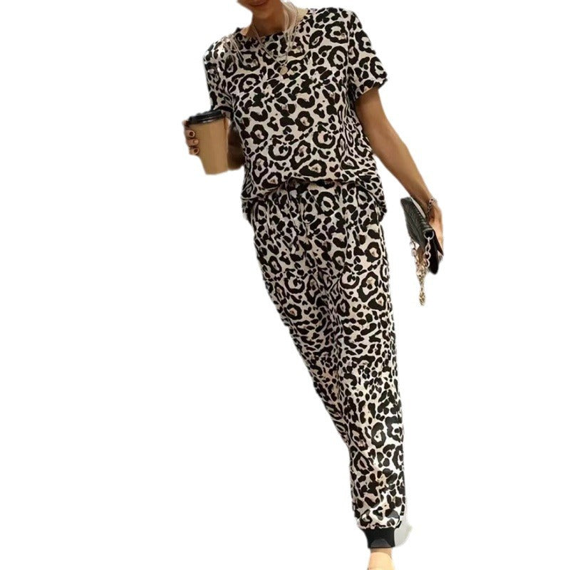 Women's Summer Leopard Print Round Neck Sleeve Suits