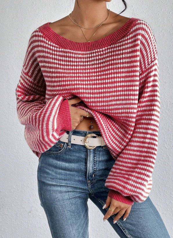 Women's Contrast Color Striped Lantern Sleeve Knitwear