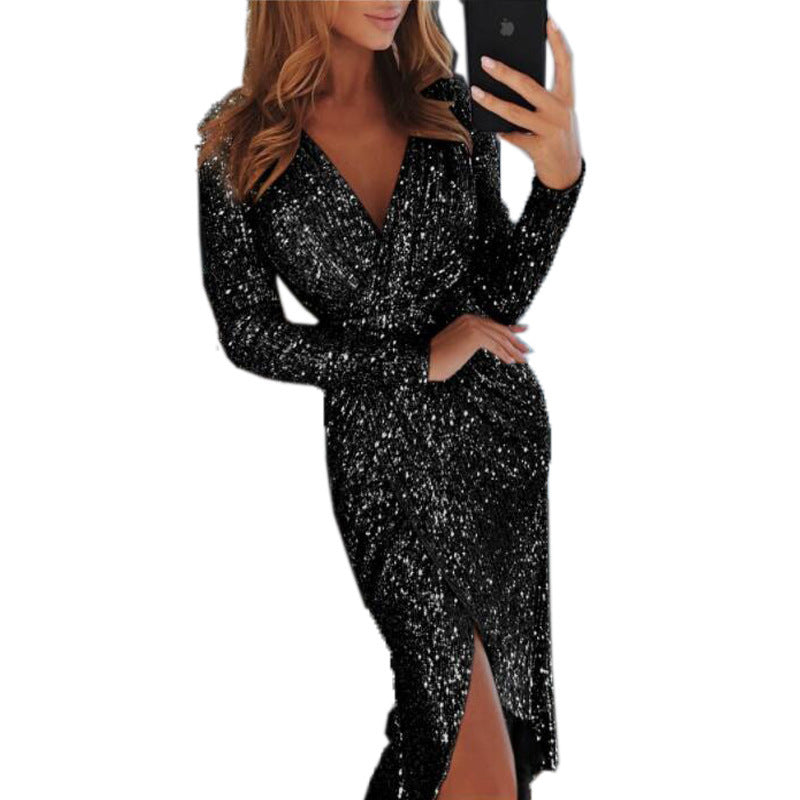 Robe de soirée sexy à manches longues et brillante pour femme