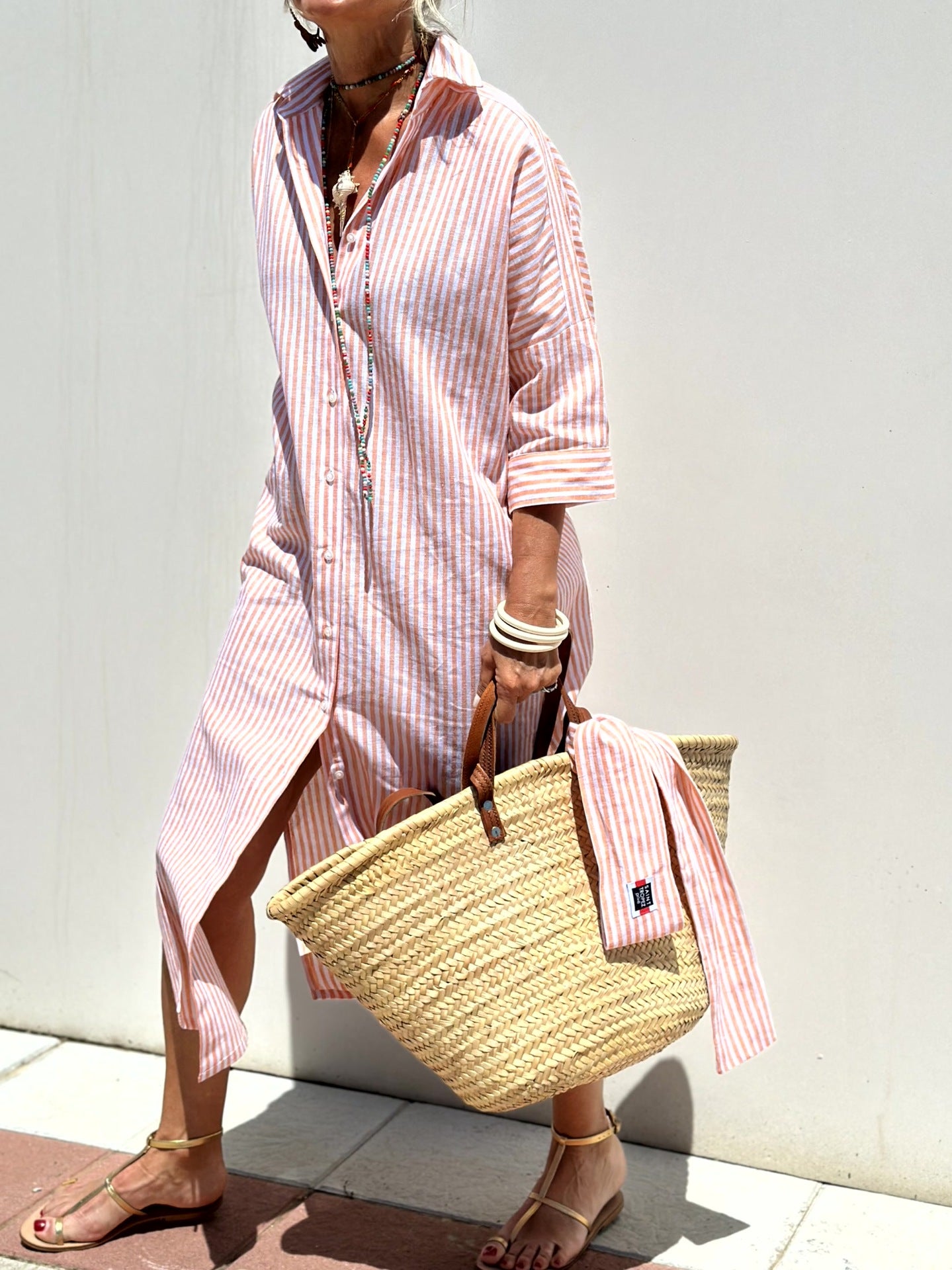 Women's Half Sleeve Striped Lapel Shirt Dress Cardigans