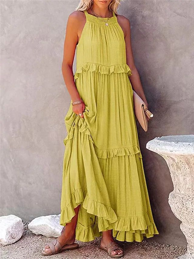 Women's Summer Vacation Style Ruffled Long Dress Wide Hem Dresses