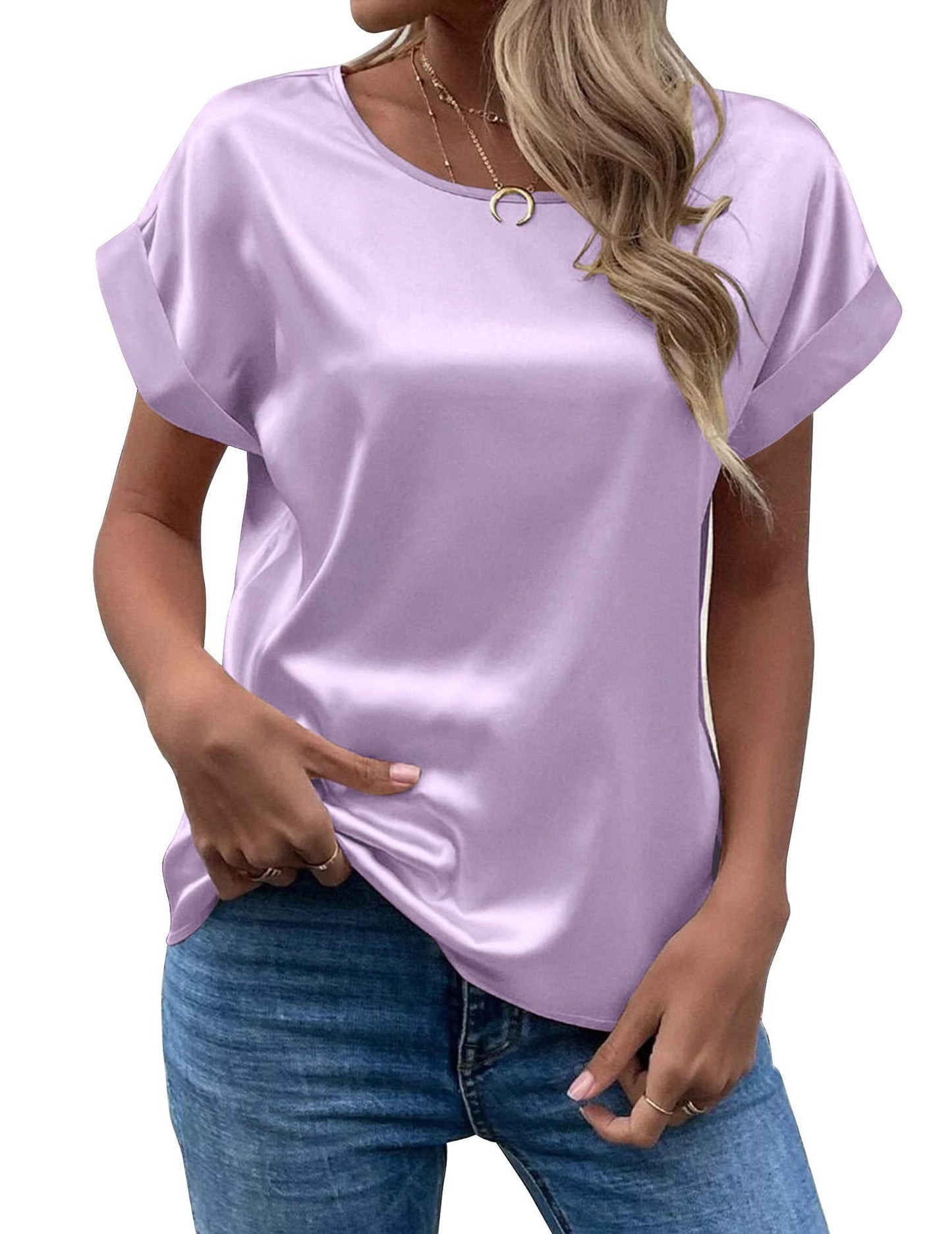 Women's Short-sleeved Satin Shirt Loose-fitting Casual T-shirt Blouses