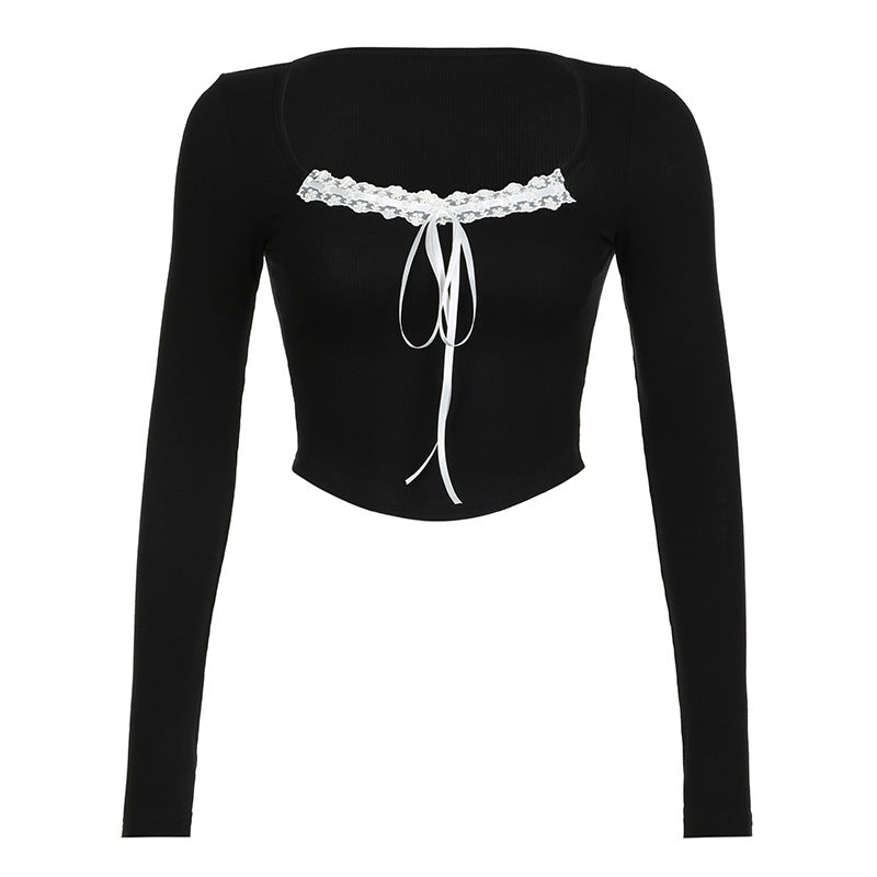 Women's Basic Small Bow Knitted T-shirt Early Autumn Slim Blouses