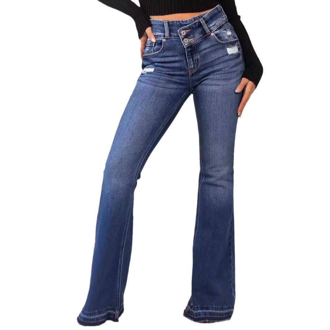 Women's Comfortable Ripped Button Stretch Bell-bottom Jeans