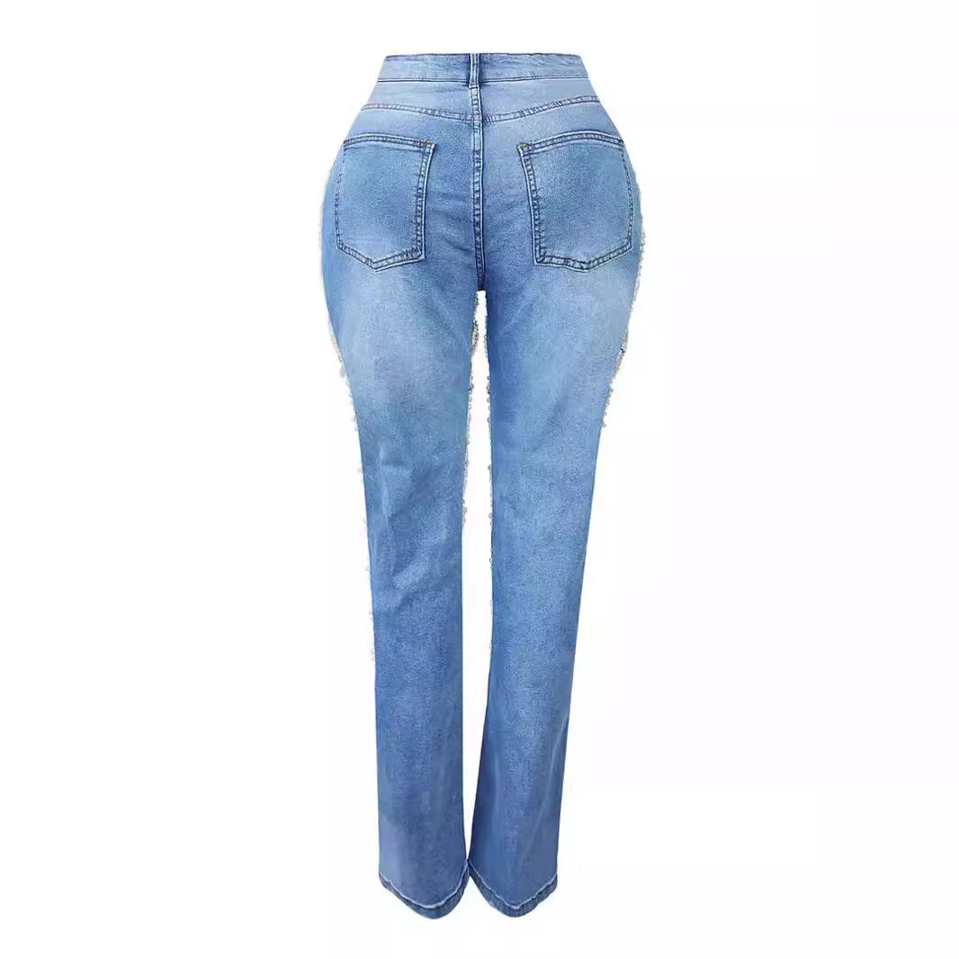 Women's Hot Summer Ripped Beaded Stretch Trousers Jeans