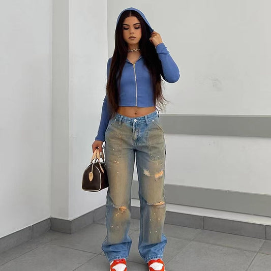 Women's Washed Worn Retro Gradient High Waist Ripped Jeans