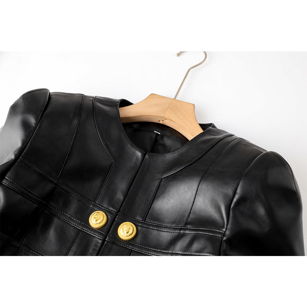 Stitching Small Round Neck Padded Shoulder High Street Coats