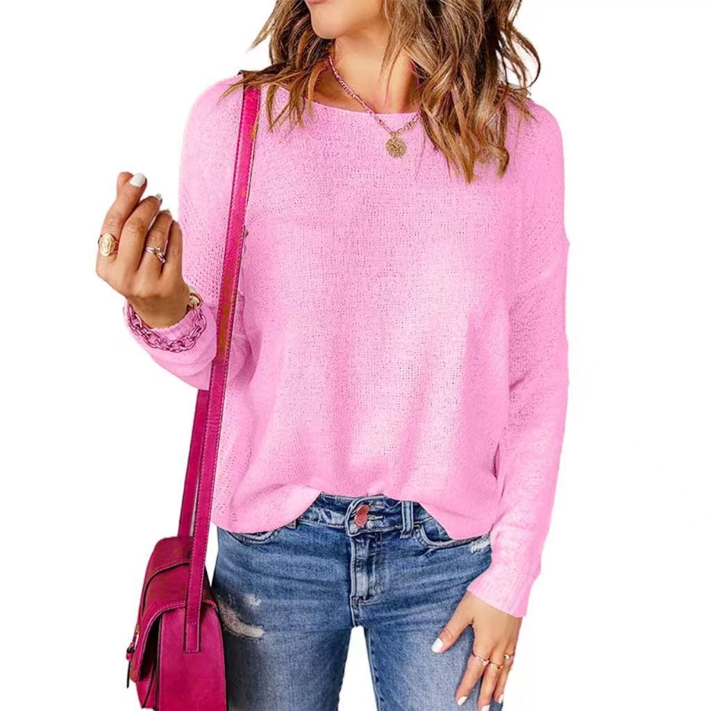 Women's White Long-sleeved Casual Crew Neck Sweaters