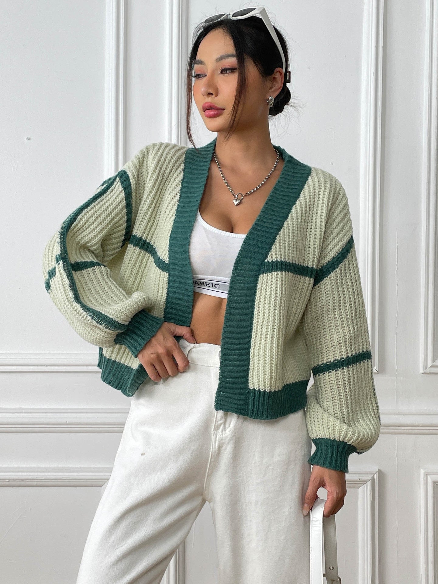 Cardigans tissés amples décontractés à patchwork de couleurs contrastées pour femmes