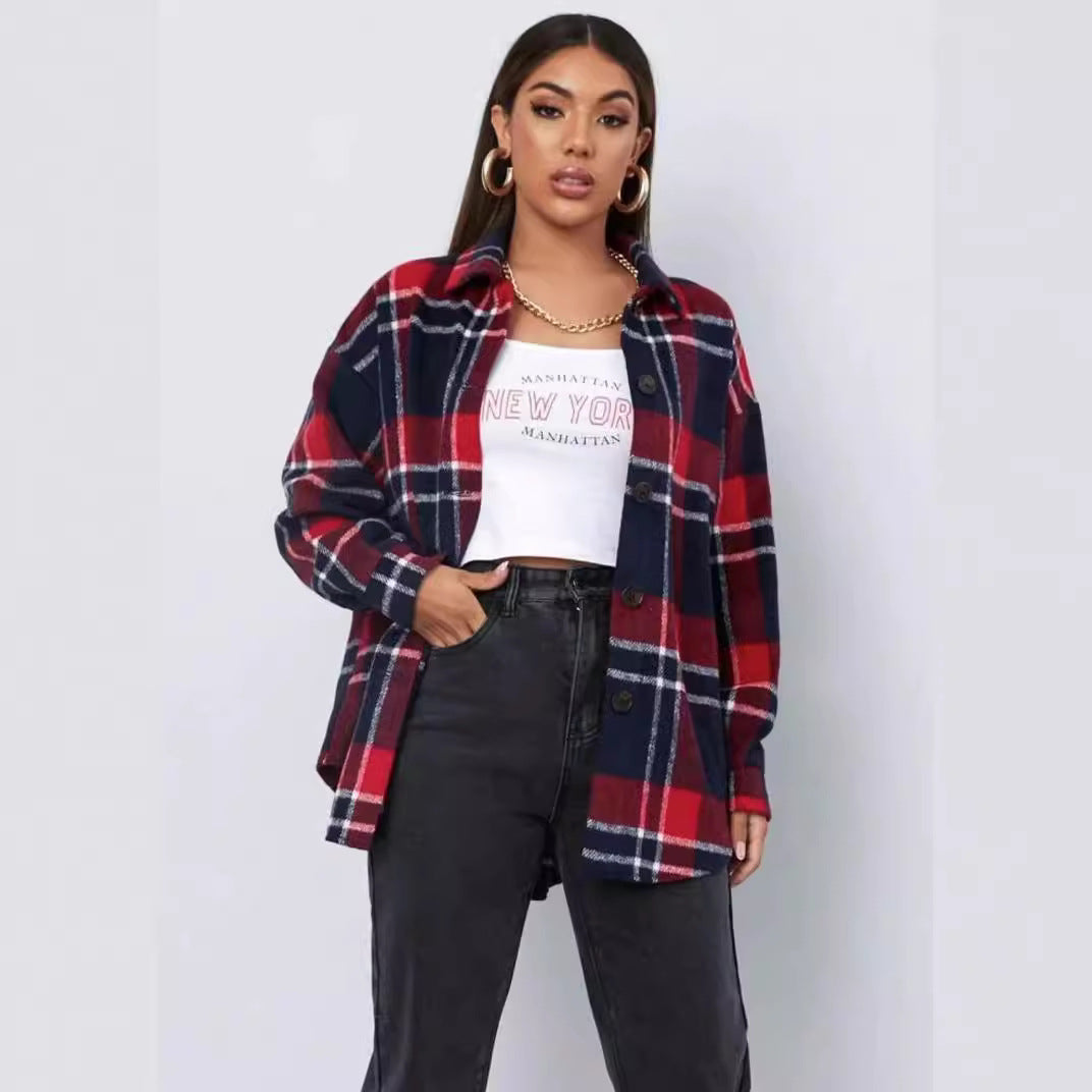 Spring Plaid Frayed Shirt Loose Fashion Blouses