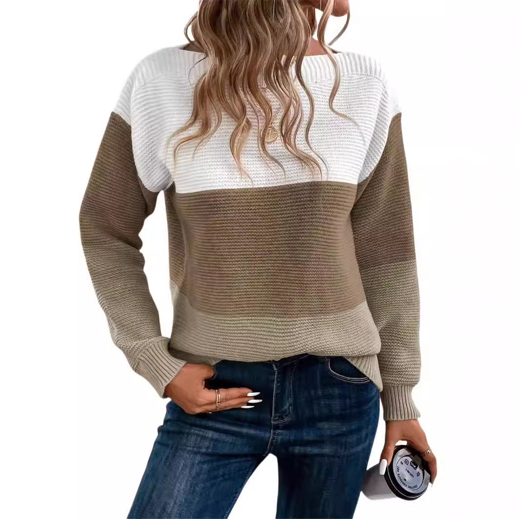 Women's Knitted Color Contrast Patchwork Round Neck Sweaters