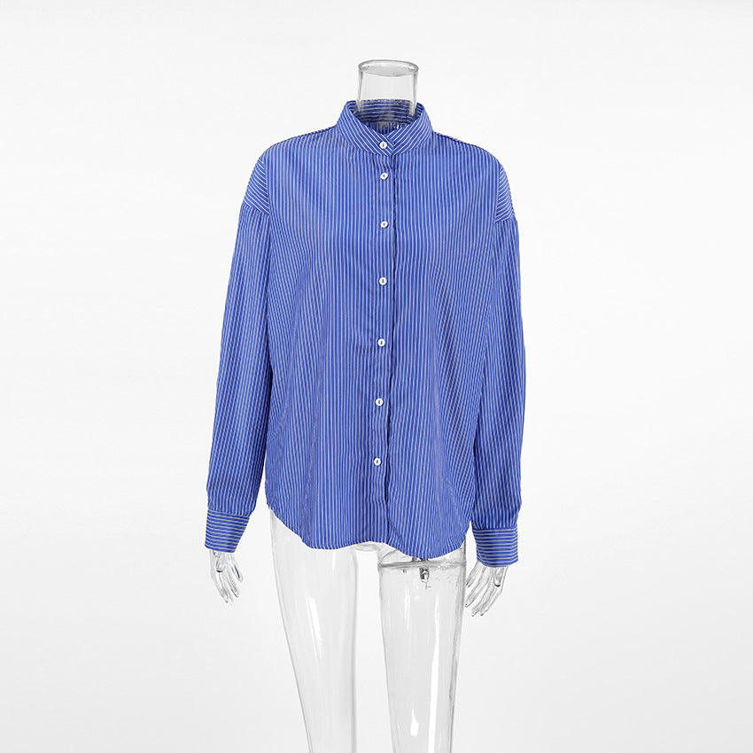 Style Blue White Striped Loose Shirt Blouses