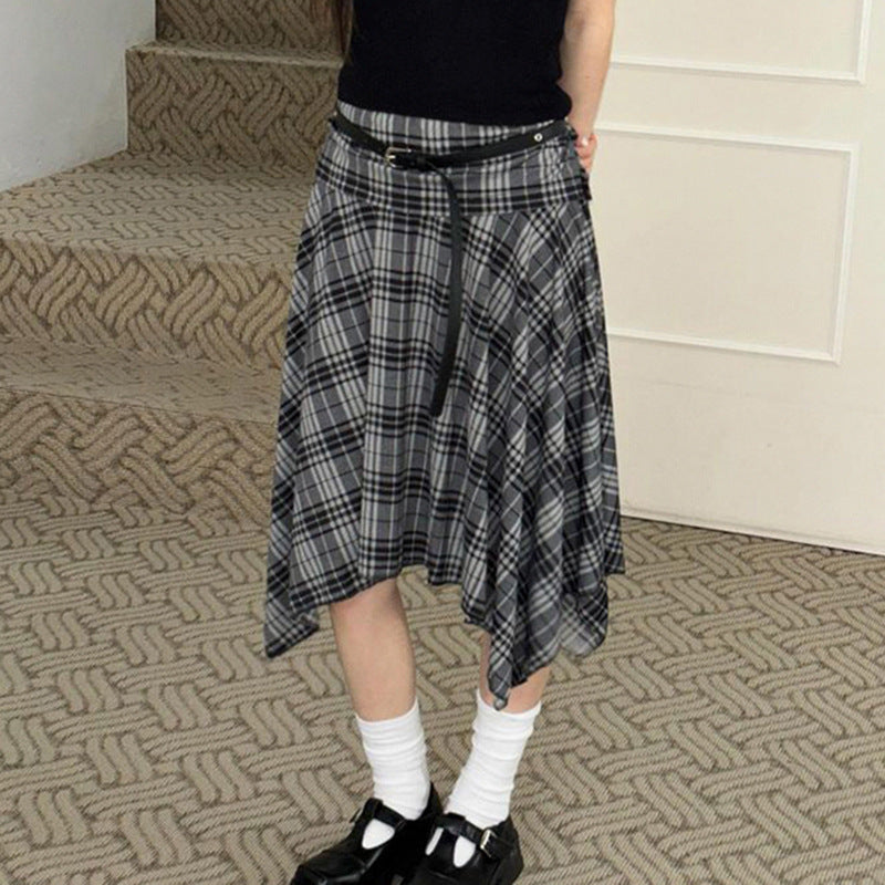 Style Plaid Contrast Color Irregular Retro Low Waist Skirts