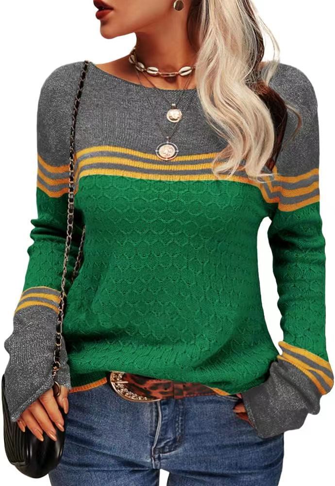 Women's Crocheted Long-sleeved Striped Crew Neck Knitted Sweaters