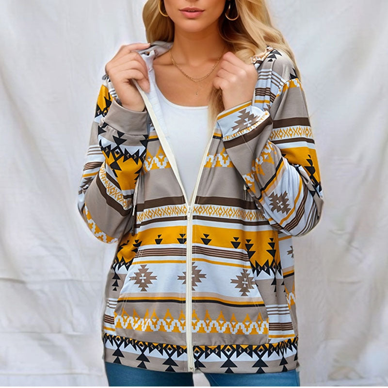 Fashion Casual Pattern Printed Long Sleeve Loose Hooded Pocket Jackets