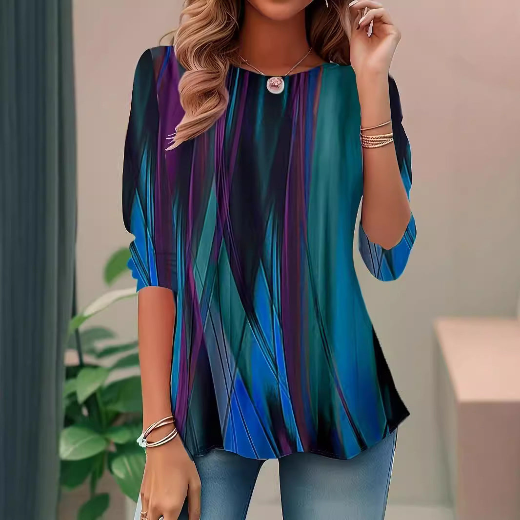 Women's Digital Printed Round Neck Loose Long Blouses