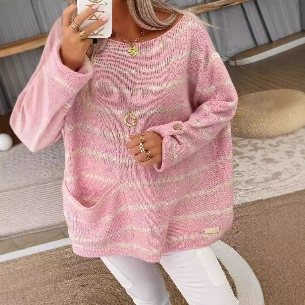 Women's Pocket Contrast Color Striped Pullover Round Neck Sweaters