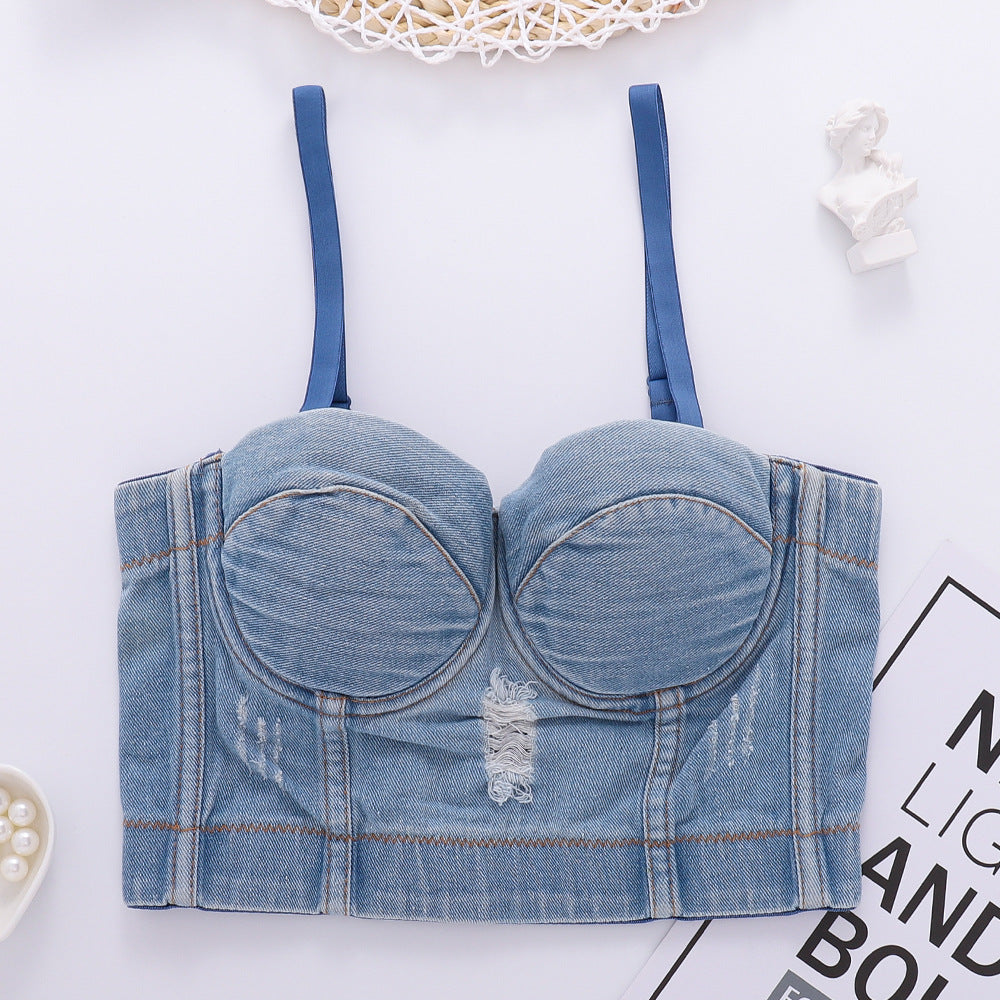 Denim Camisole Outer Wear Sexy Navel Fishbone Tops