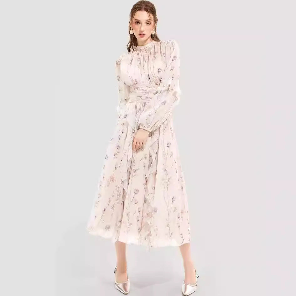 Fashion Chiffon Printed Ruffled Temperament Long Dresses