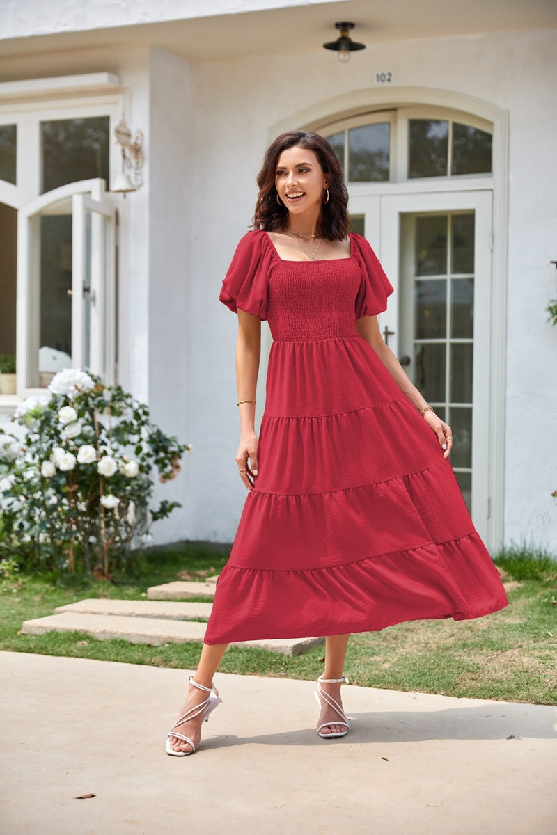 Women's Summer Square Collar Backless Puff Sleeve Dresses