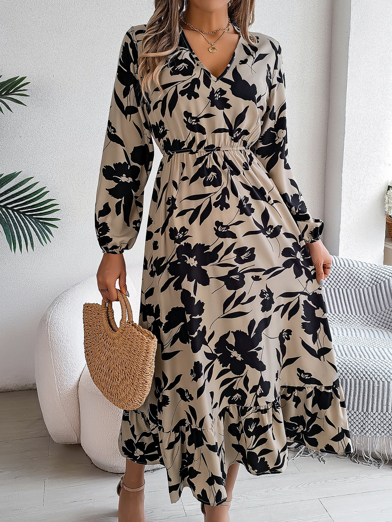 Women's Casual Flower Long Sleeves Ruffles Dress Clothing