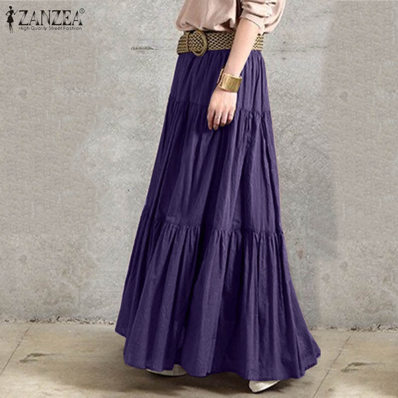 Linen Solid Color Pleated Loose Long Skirts