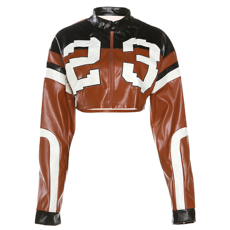 Women's Autumn Fashion Motorcycle Contrast Color Embroidery Stitching Jackets